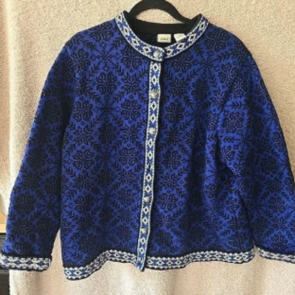 L.L. Bean Sweater Cardigan Womens 1X Blue Nordic Cotton Metal Button Front Heavy